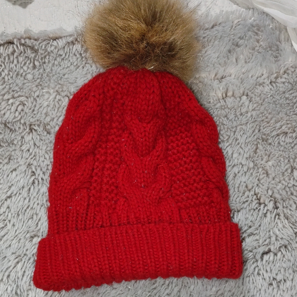 Kids Red Knit Pom Beanie Hat - Soft Cable Design